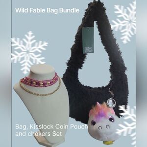 Wild Fable Black Fuzzy Bag with Unicorn Pouch And CHOKER SET NEW